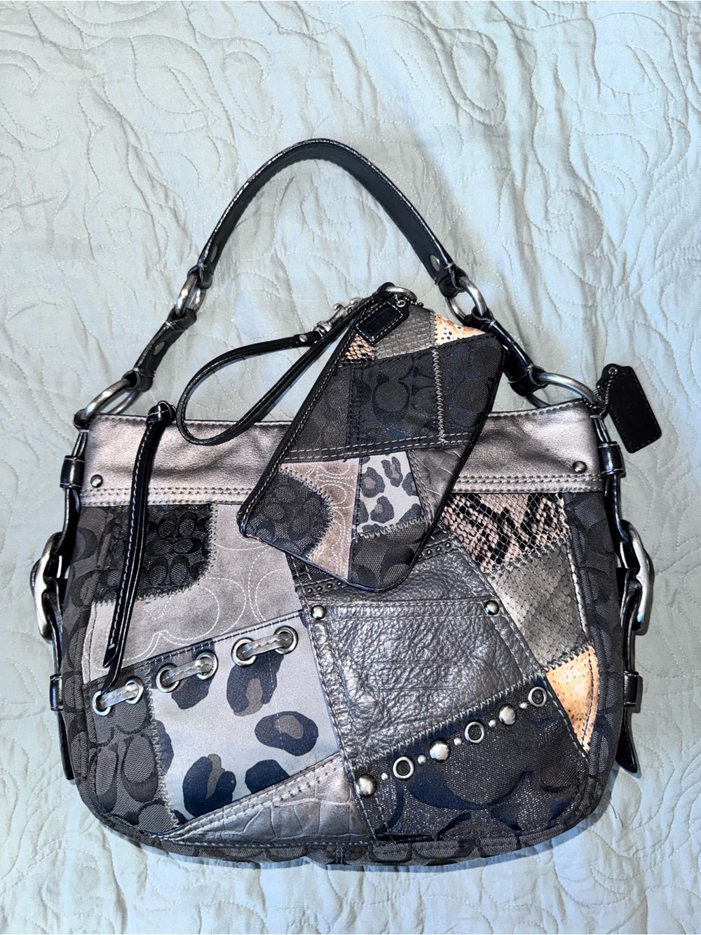 Patchwork Metallic Gray Shoulder Bag with matching Wristlet